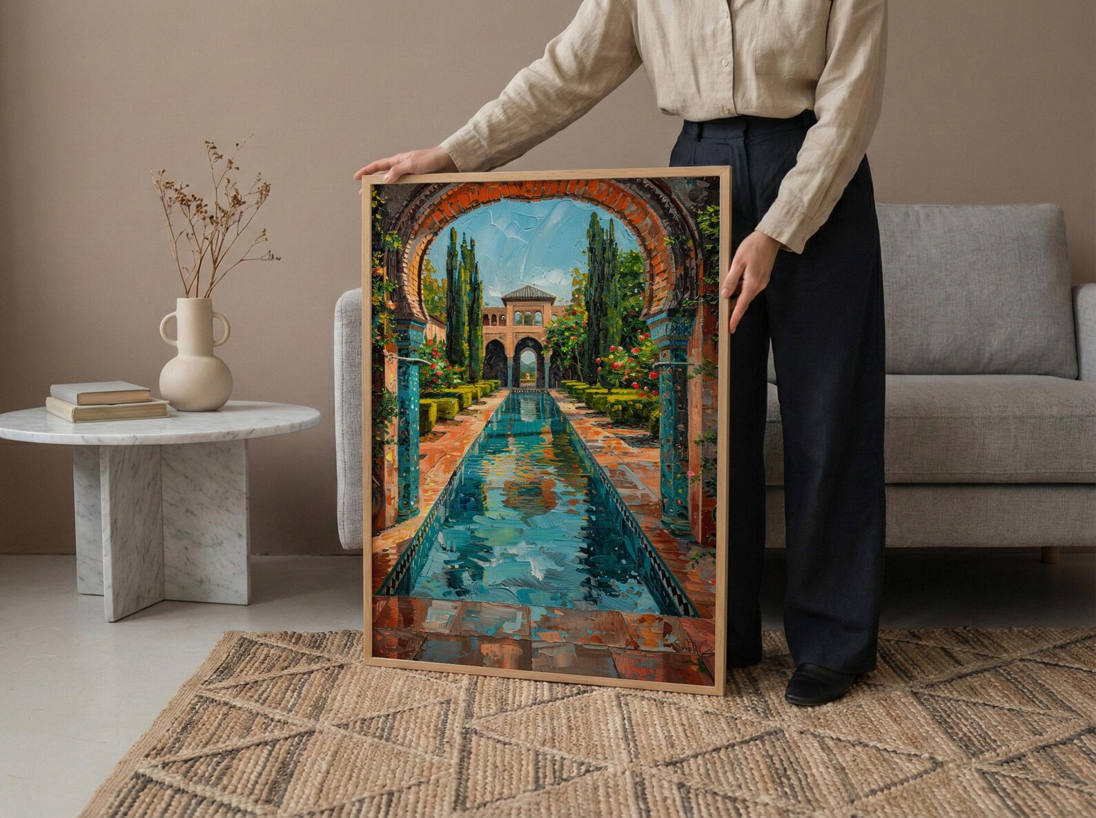 Persian Garden Oil Painting Poster, Iran Architecture Art Print, Islamic Arch Wall Art, Teal Courtyard Decor, Impasto Landscape — view 5