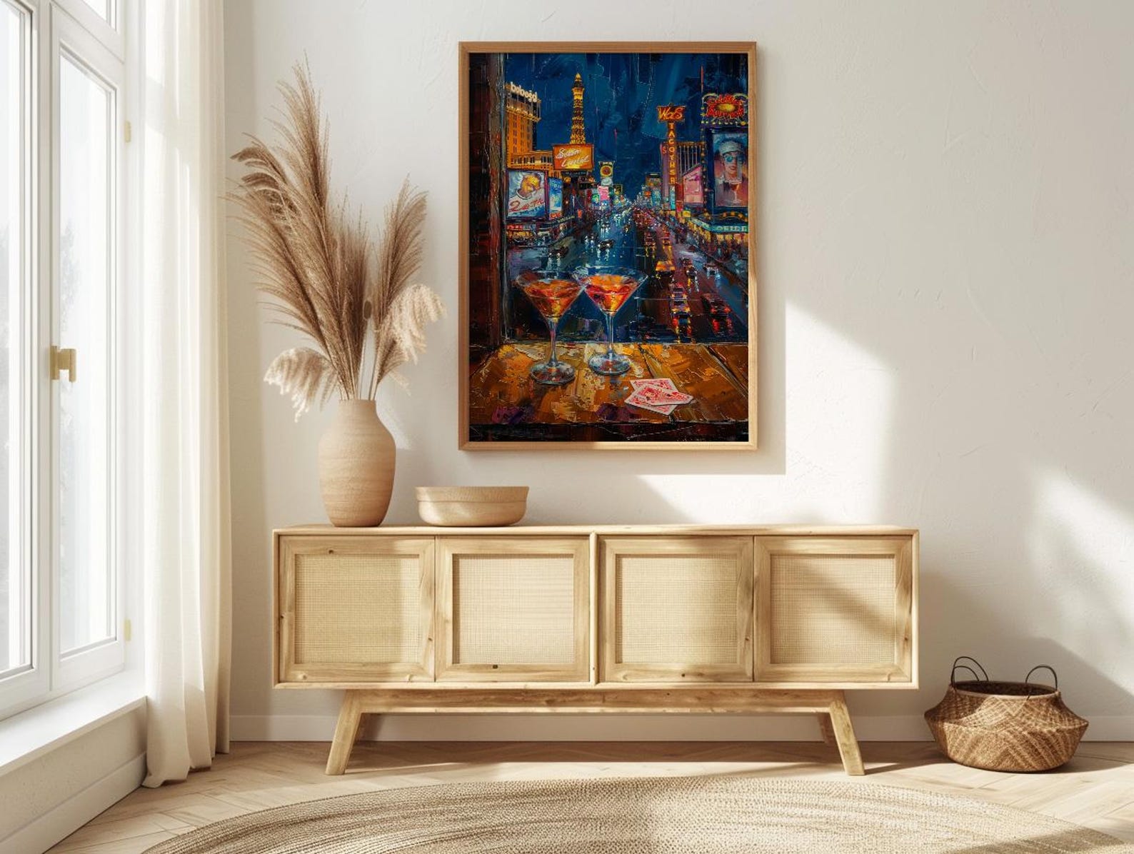 Las Vegas Wall Art, Open Window View, Neon Night City Print, Casino Bar Decor, Impasto Oil Painting — view 4