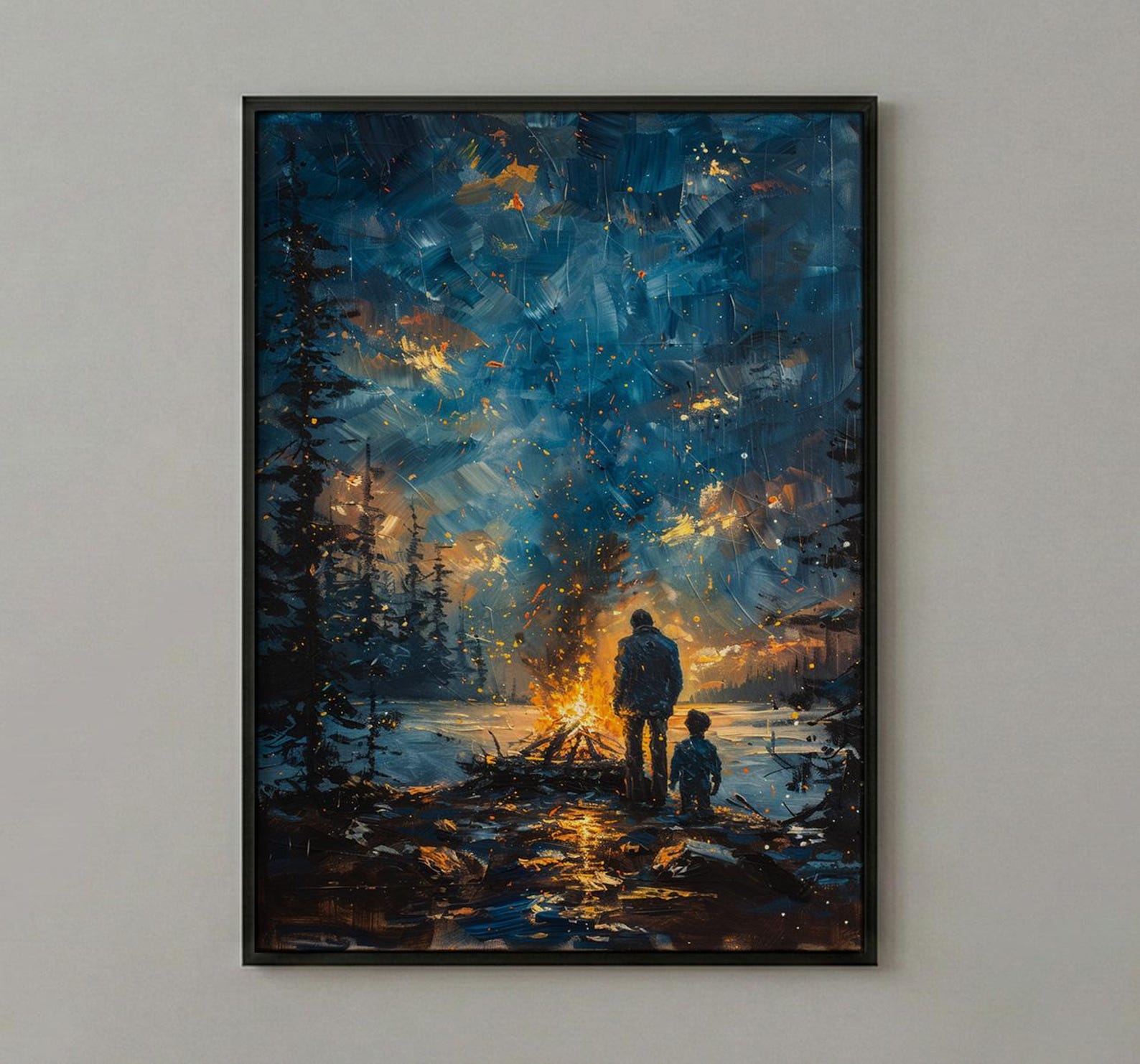 Father And Son Campfire Poster, Twilight Forest Decor - Outdoor Adventure Art — view 2