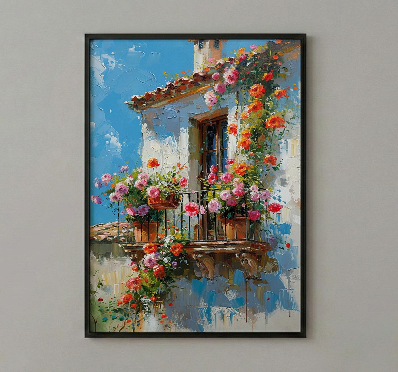 Colonial Balcony Art Print, Wrought Iron Floral Decor - Terracotta Pot Vibrant Summer Flower — view 2
