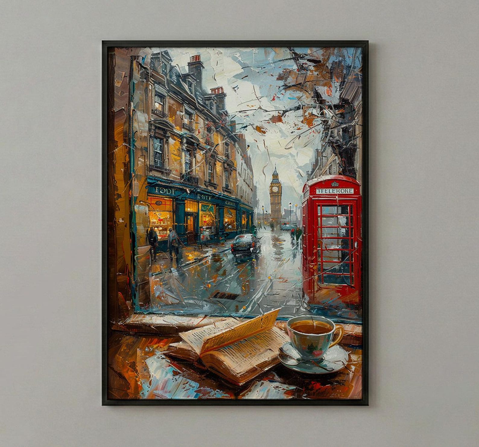 London Window Poster, Phone Booth Wall Decor - Rainy Street Tea Landscape — view 3