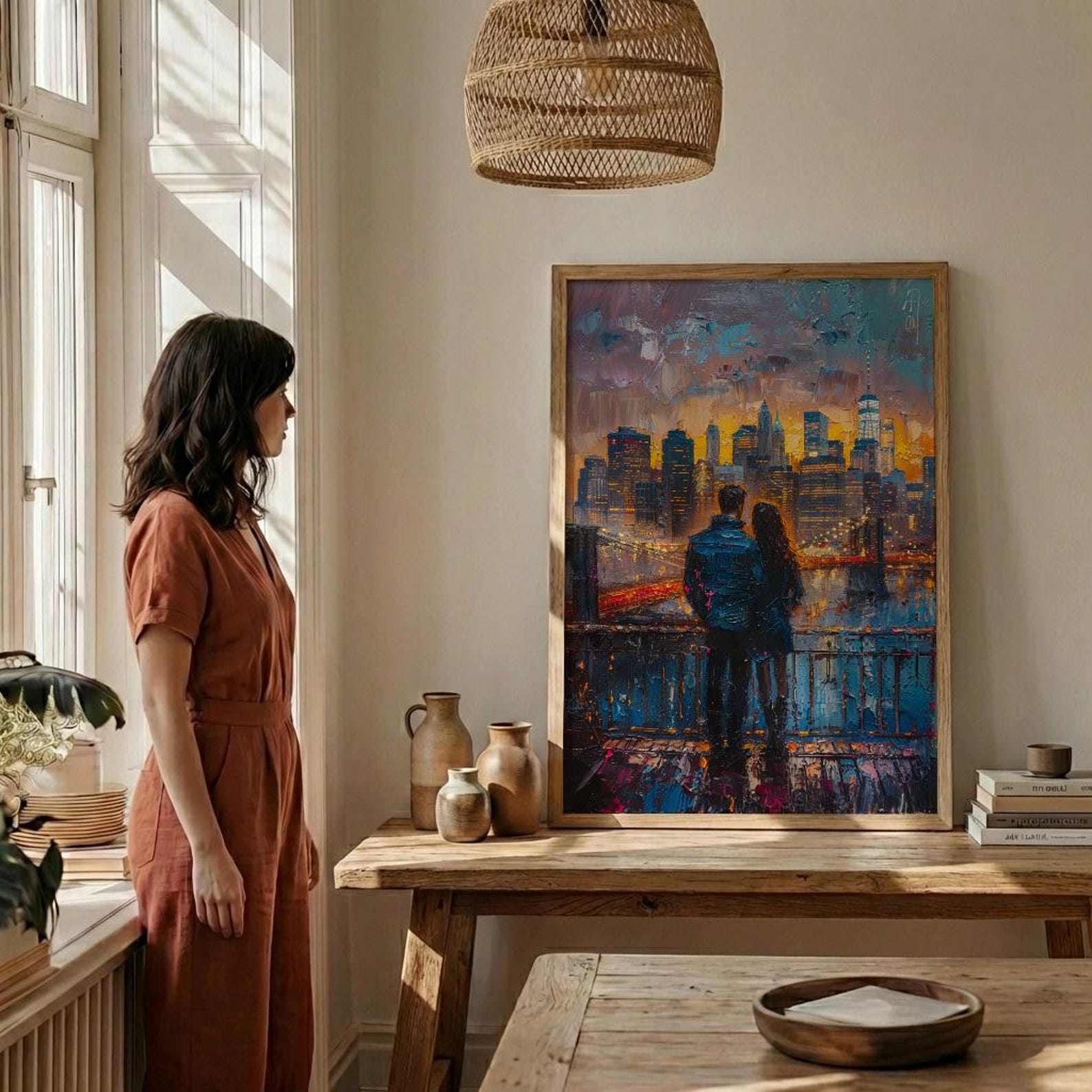 New York Wall Art, Brooklyn Bridge Couple Print, NYC Skyline Painting, Romantic Anniversary Gift, Urban City Decor — view 4