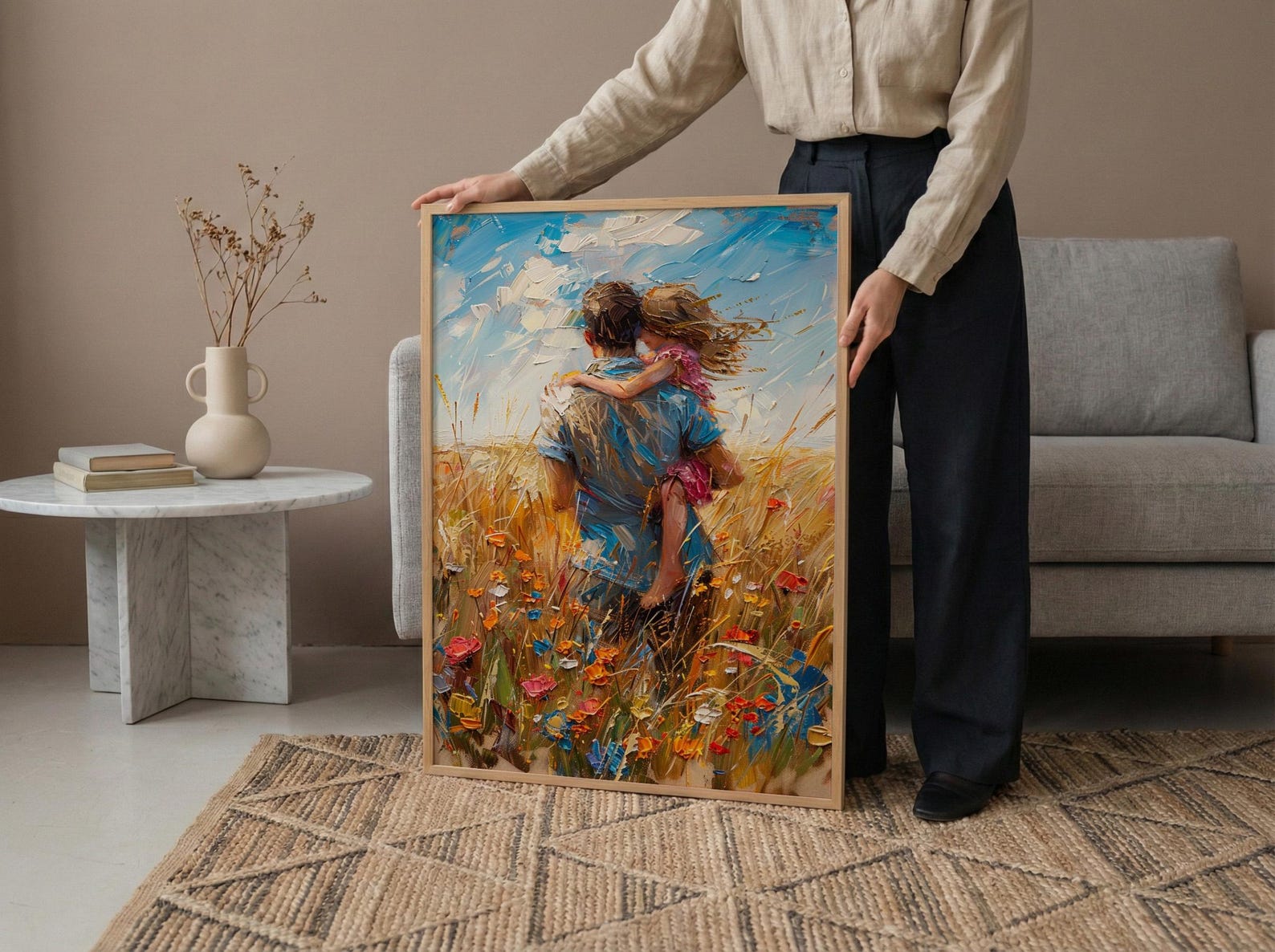 Father Piggyback Ride Art Print, Summer Field Decor - Joyful Family Poster — view 6