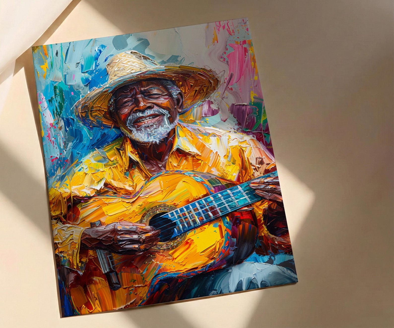 Plaza Guitar Musician Wall Art, Colonial Street Decor - Straw Hat Sun Drenched Summer — view 2