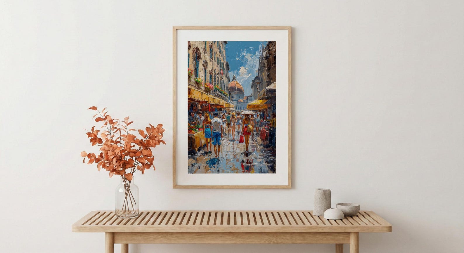 Florence Market City Poster, Italy Leather Home Decor - Vibrant Red Brown Bag Summer Landscape — view 5