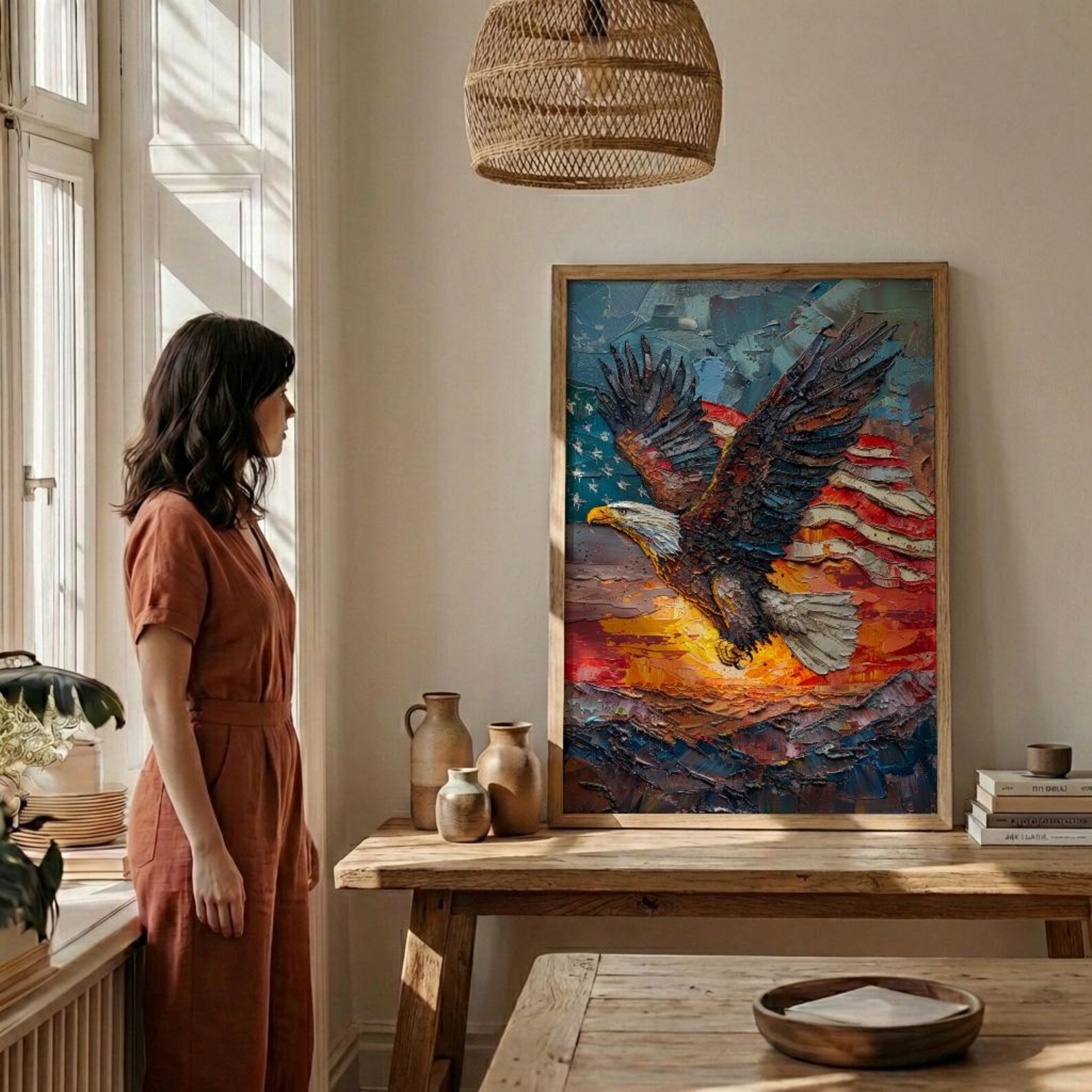 Bald Eagle Sunrise Art Print, Patriotic Mountain Decor - American Flag Poster — view 5