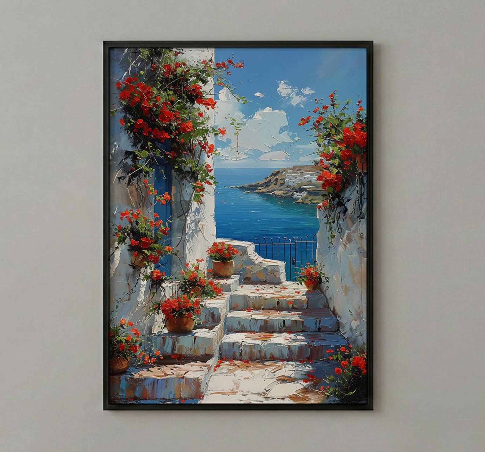 Sidi Bou Said Stairs Wall Decor, Tunisia Red Geranium Print - Textured Impasto Oil Painting — view 3
