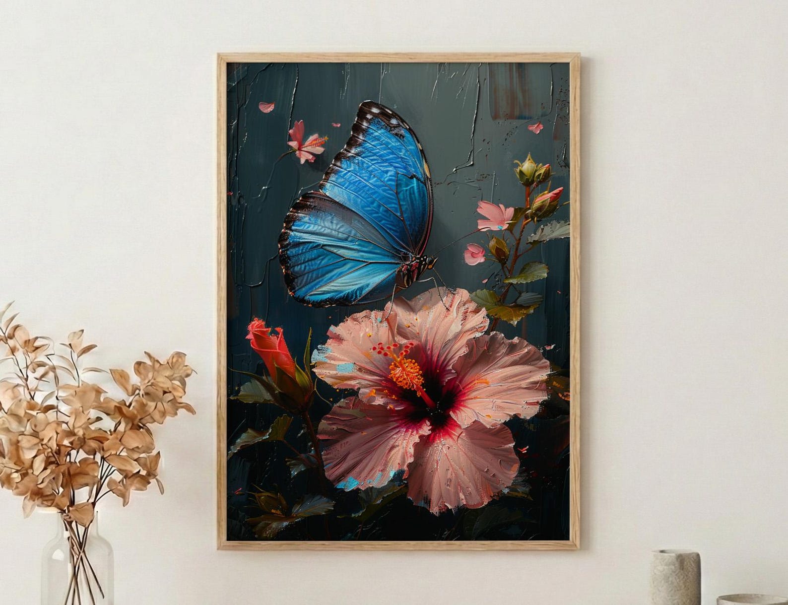 Blue Morpho Butterfly Wall Art, Costa Rica Decor - Pink Hibiscus Flower Summer View