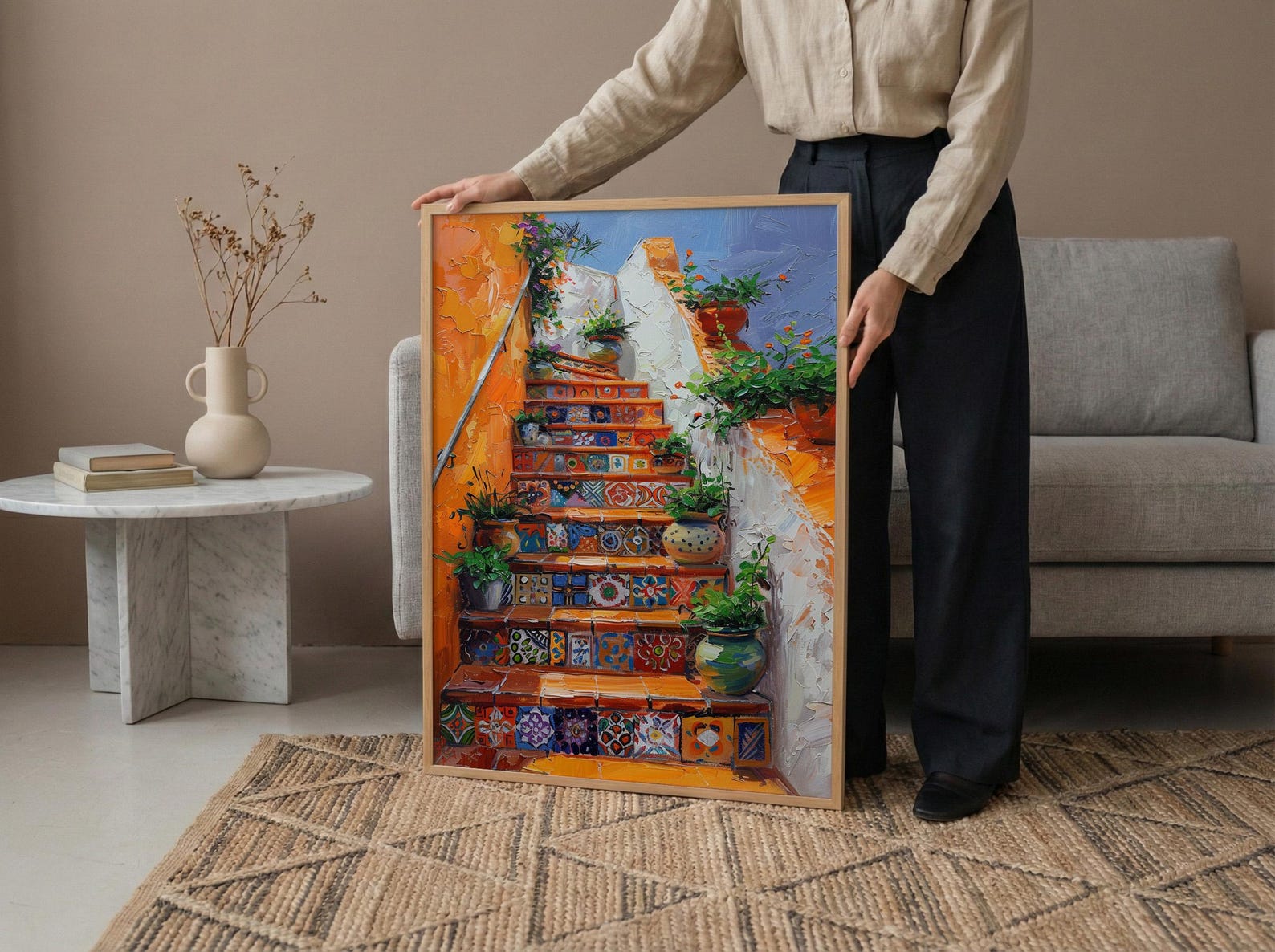 Mexican Tile Art, Orange Stairs Print, Talavera Decor, Impasto Oil Painting, Potted Plants, Vibrant Home, Summer — view 6
