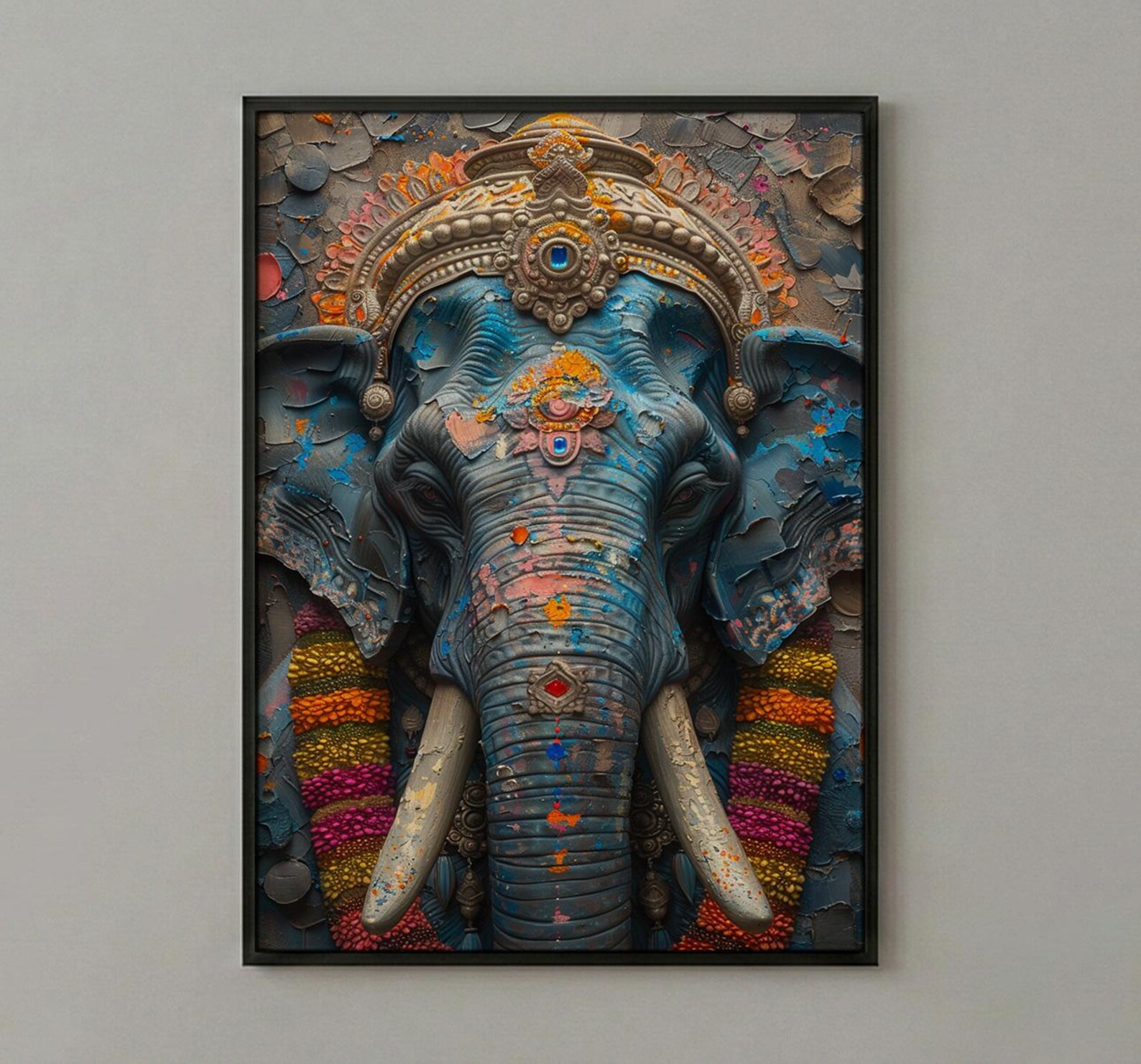 Elephant Art Print, Temple India Decor, Cultural Blessing, Impasto Oil Painting, Painted Elephant, Good Luck Gift, Baby Shower Gift — view 2