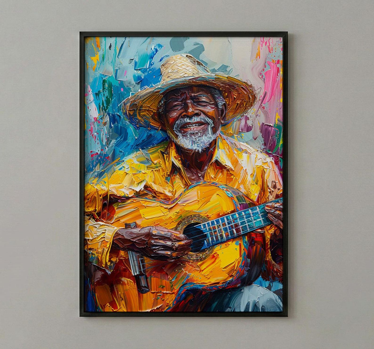 Plaza Guitar Musician Wall Art, Colonial Street Decor - Straw Hat Sun Drenched Summer — view 3