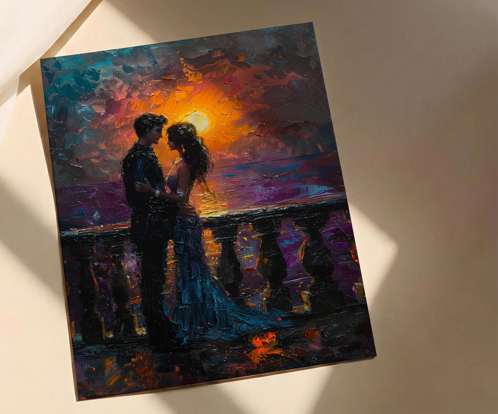 Indian Couple Art, Royal Palace Print, Rajasthan Decor, Impasto Oil Painting, Traditional Wear, Sunset Silhouette, Saree Art — view 5