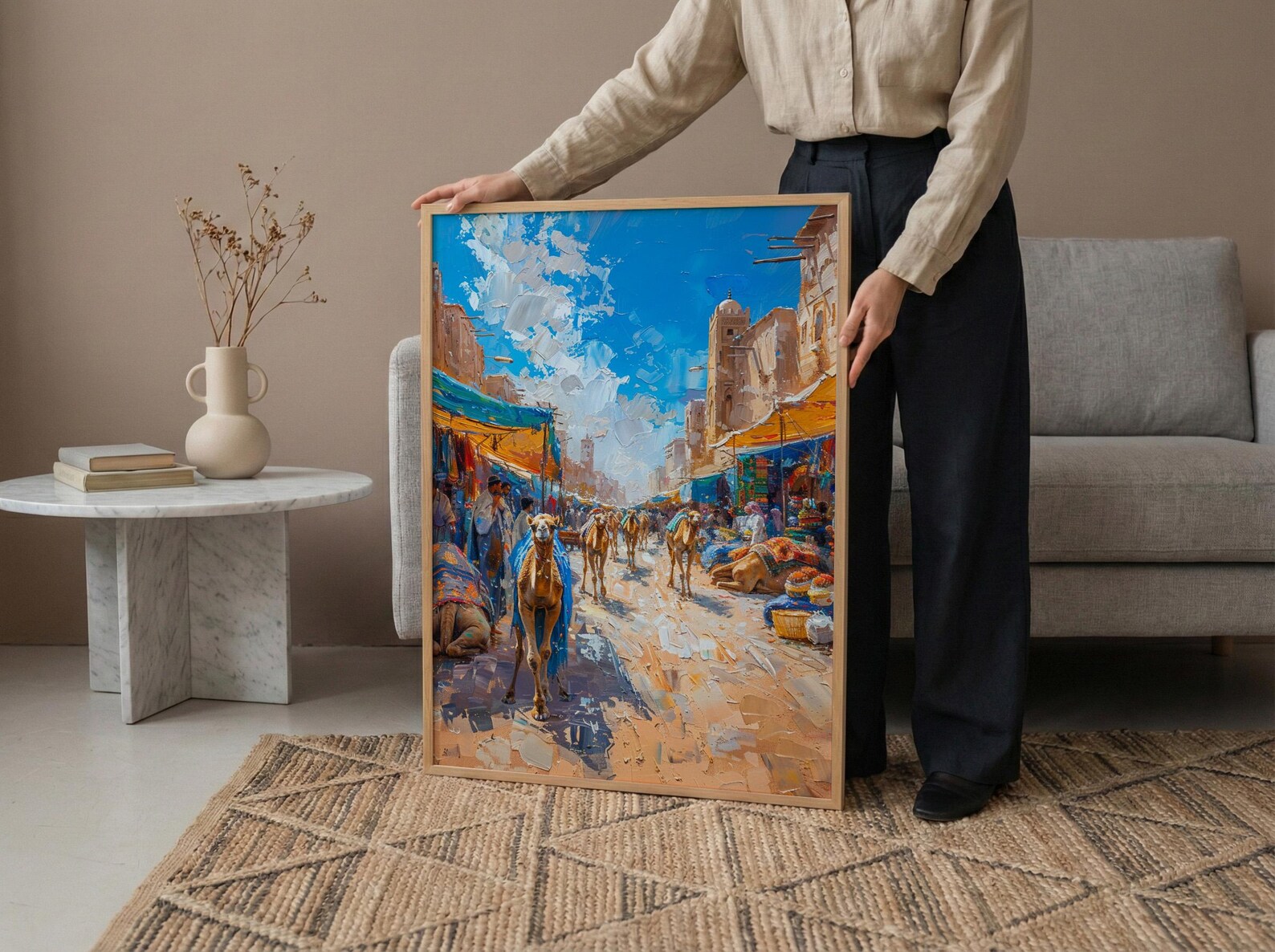 Desert Market Poster, Sahara Caravan Decor - Camel Street Landscape — view 4