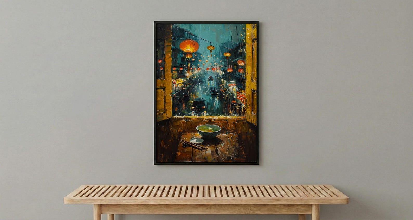 Vietnam Window Wall Art, Hoi An Lantern Decor - Pho Soup Rainy Street — view 6