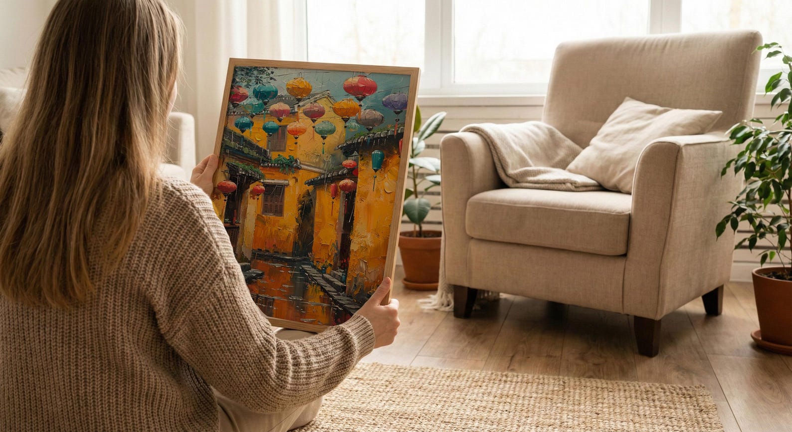Vietnam Wall Art, Hoi An Ancient Town Print, Yellow Wall, Impasto Oil Painting, Silk Lanterns, Rainy Reflection — view 6