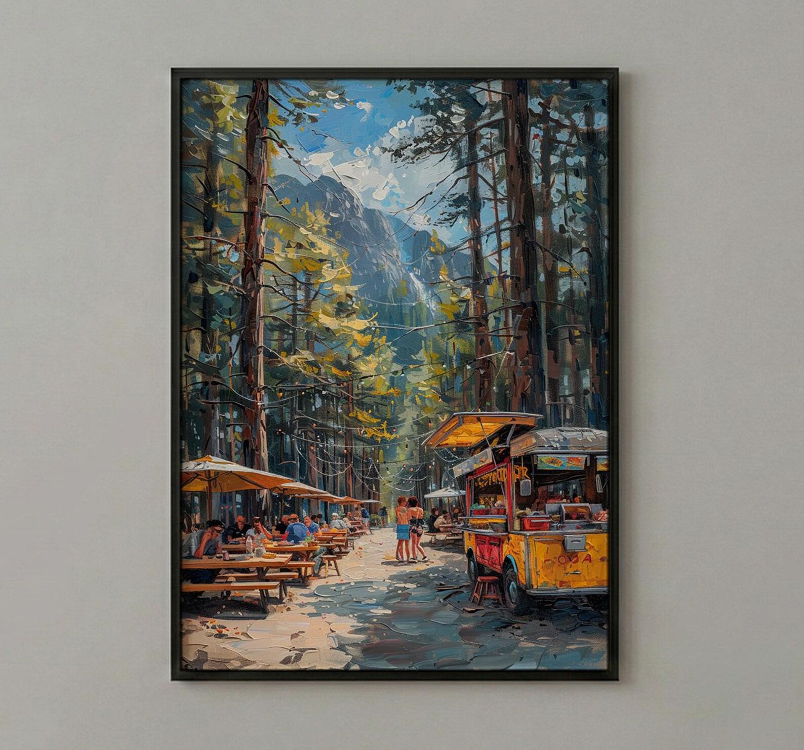 Portland Food Cart Wall Art, Oregon Street Food Decor - Lush Pine Tree Picnic Scene — view 2