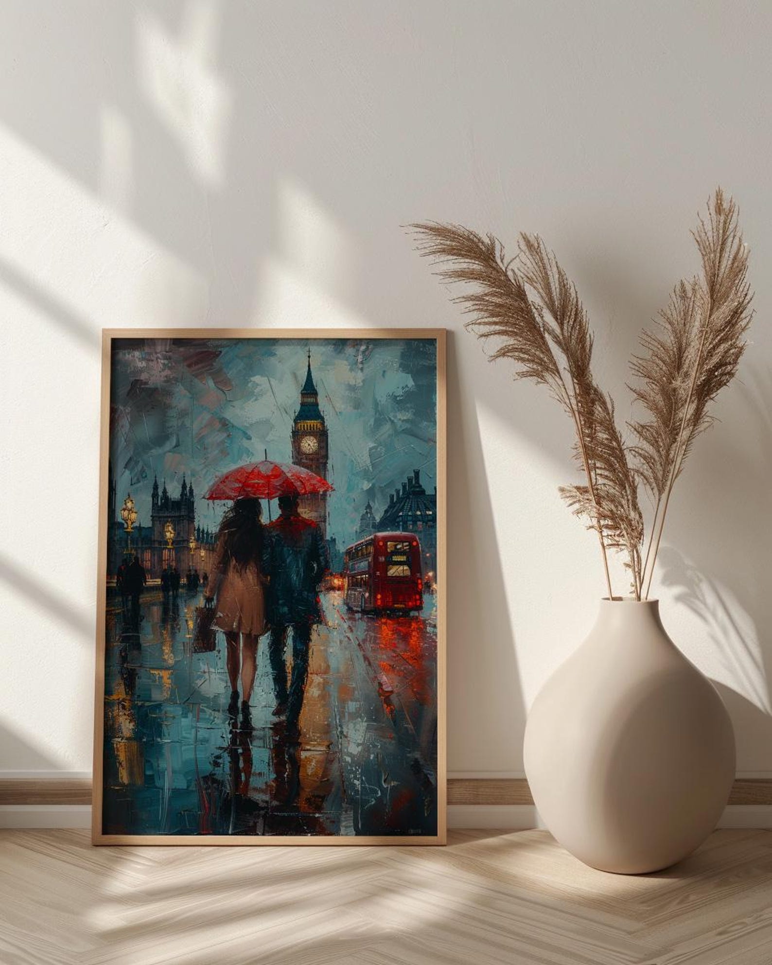 London Art Print, Big Ben Wall Art, Red Bus Poster, Rainy Cityscape Painting, UK Travel Decor — view 6