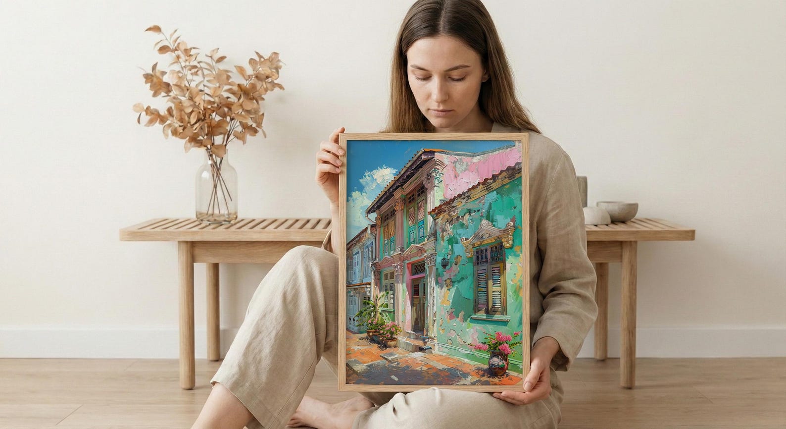Singapore Wall Art, Peranakan Shophouse Print, Pastel House, Impasto Oil Painting, Ceramic Tiles, Architectural — view 5