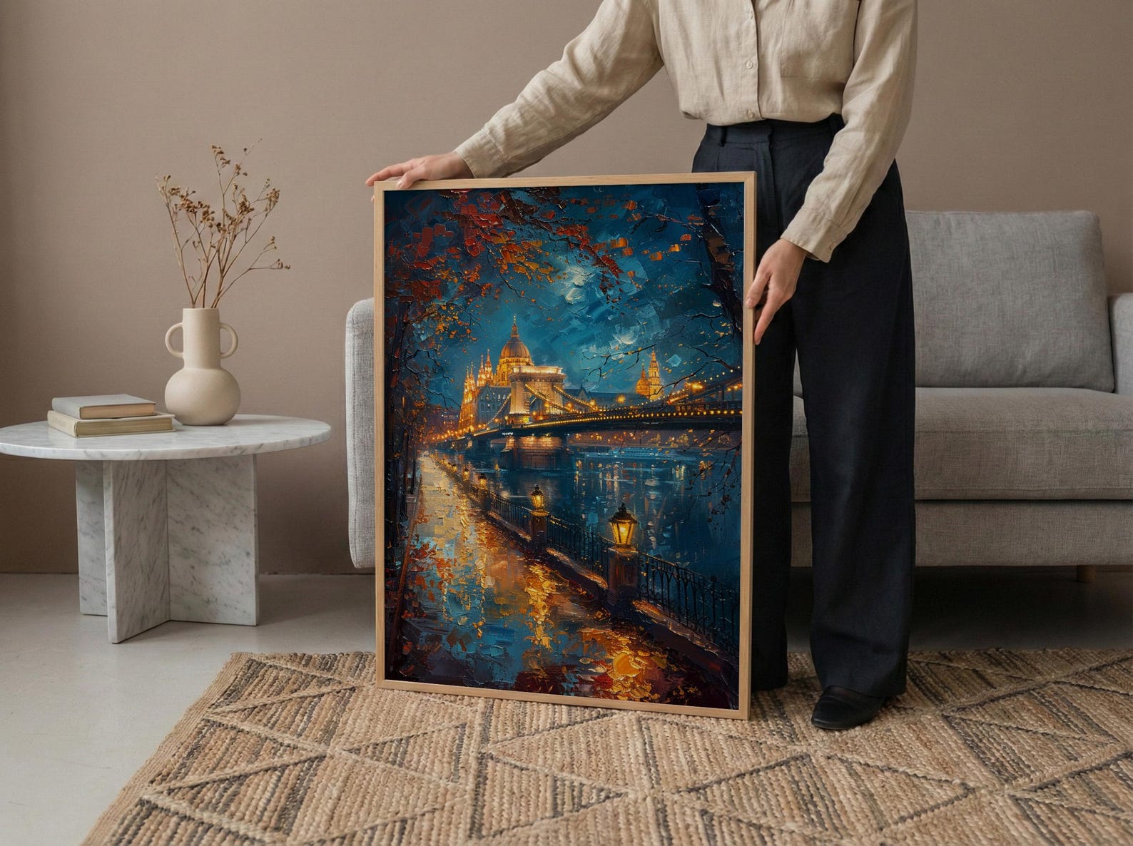 Budapest Wall Art, Chain Bridge Print, Hungary Travel, Impasto Oil Painting, Night Cityscape, Golden Lights, Romantic View — view 6