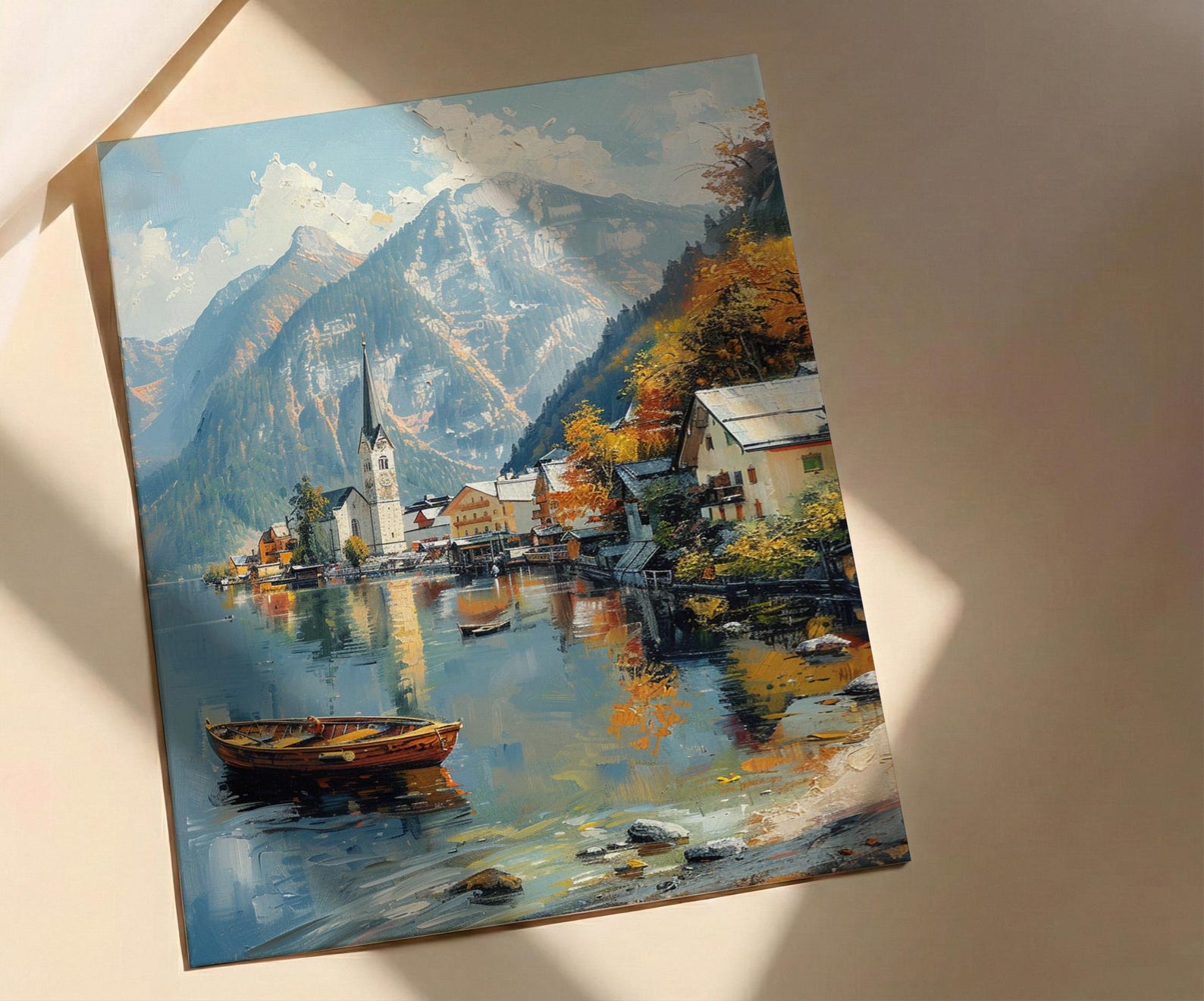 Hallstatt Wall Art, Austria Village Print, Lake Reflection, Impasto Oil Painting, Mountain Landscape, Serene Decor, Travel Gift — view 4