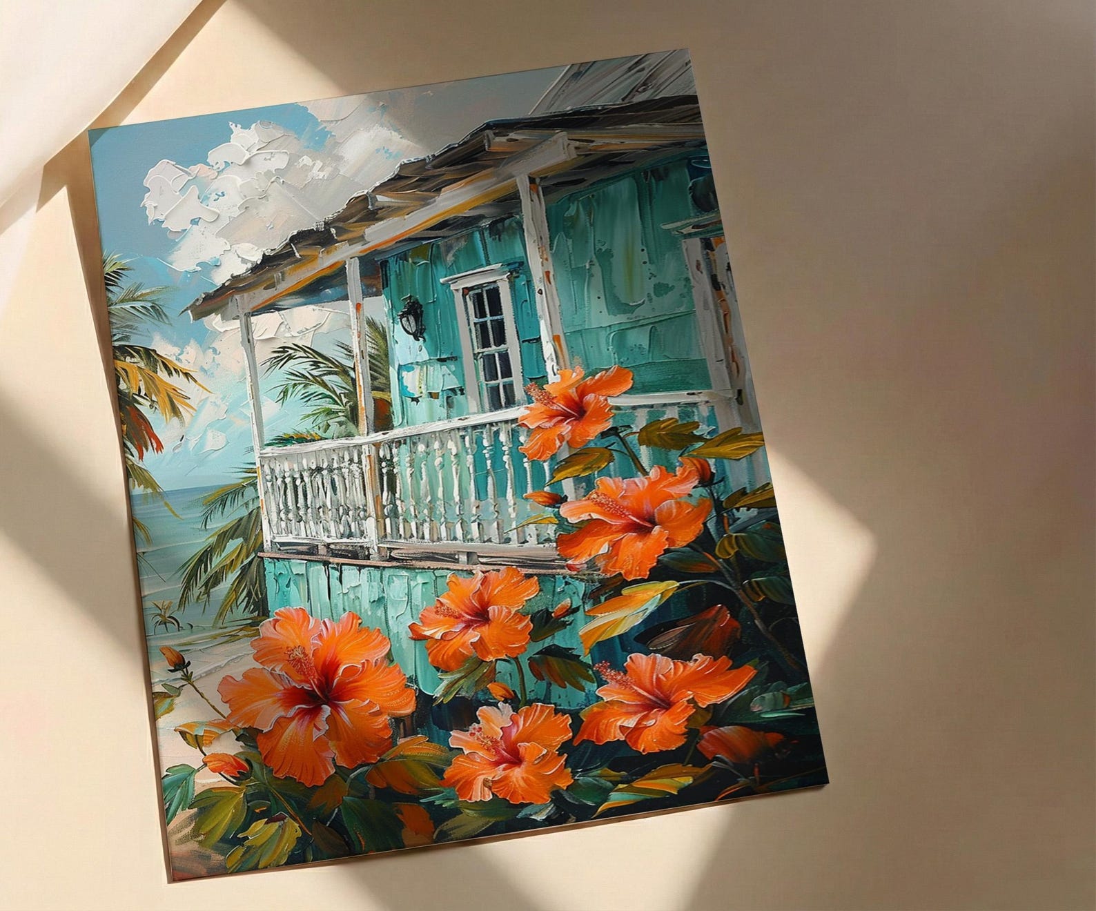 Caribbean Wall Art, Turquoise House Print, Hibiscus Flower, Impasto Oil Painting, Tropical Decor, Beach Cottage — view 2