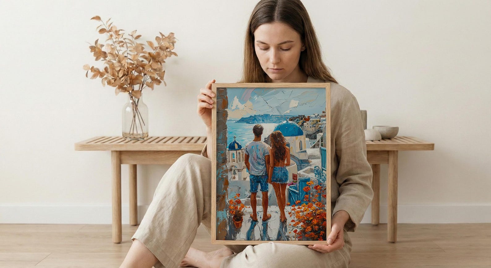 Santorini Poster, Greece Blue Dome Art Print, Honeymoon Wall Art, Romantic Sunset Painting, Mediterranean Decor — view 6