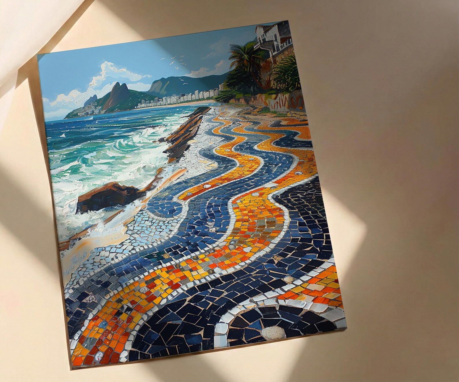 Copacabana Mosaic Walkway Wall Art, Rio Beach City Decor - Bright Blue Ocean Scene — view 4