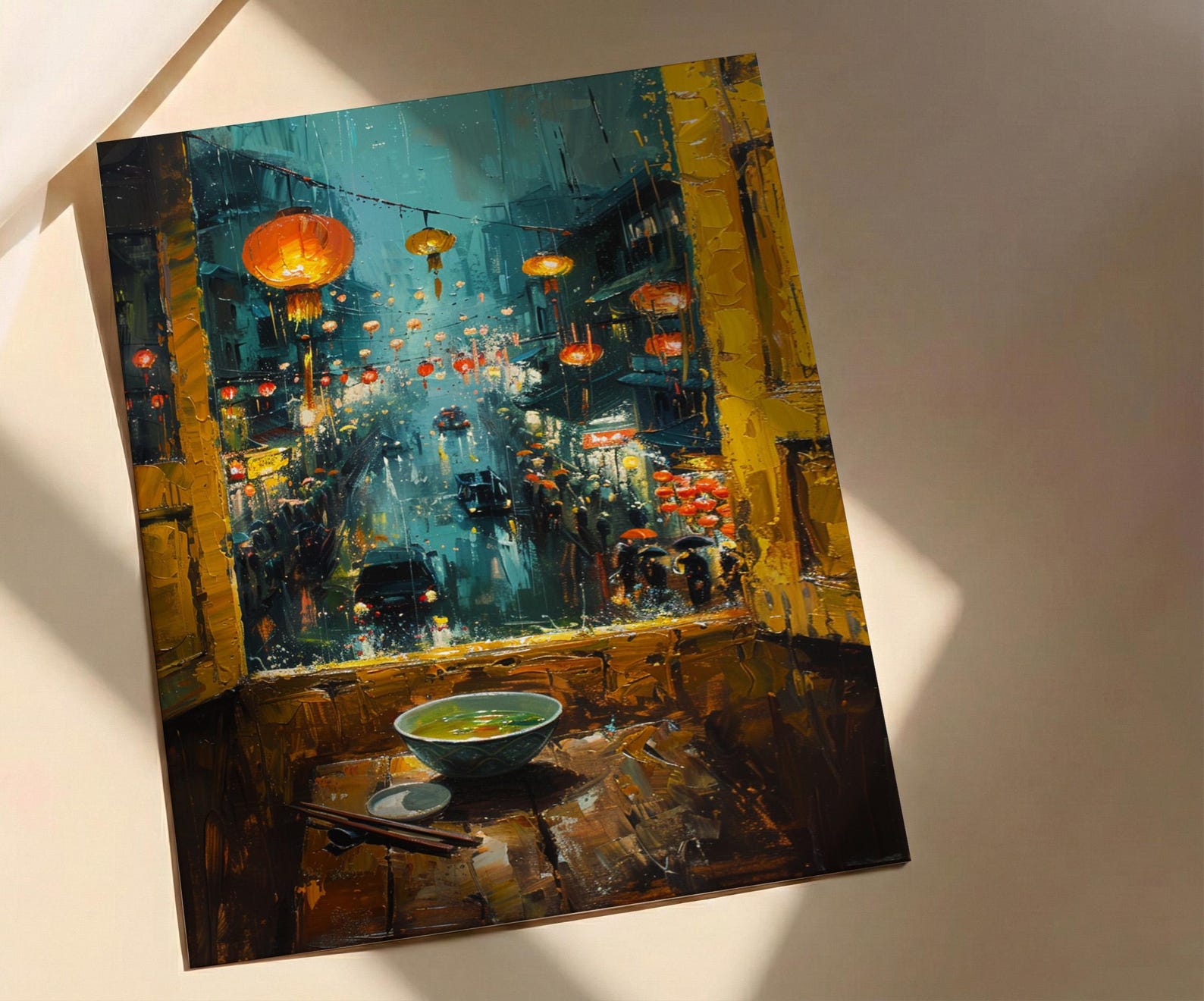 Vietnam Window Wall Art, Hoi An Lantern Decor - Pho Soup Rainy Street — view 2