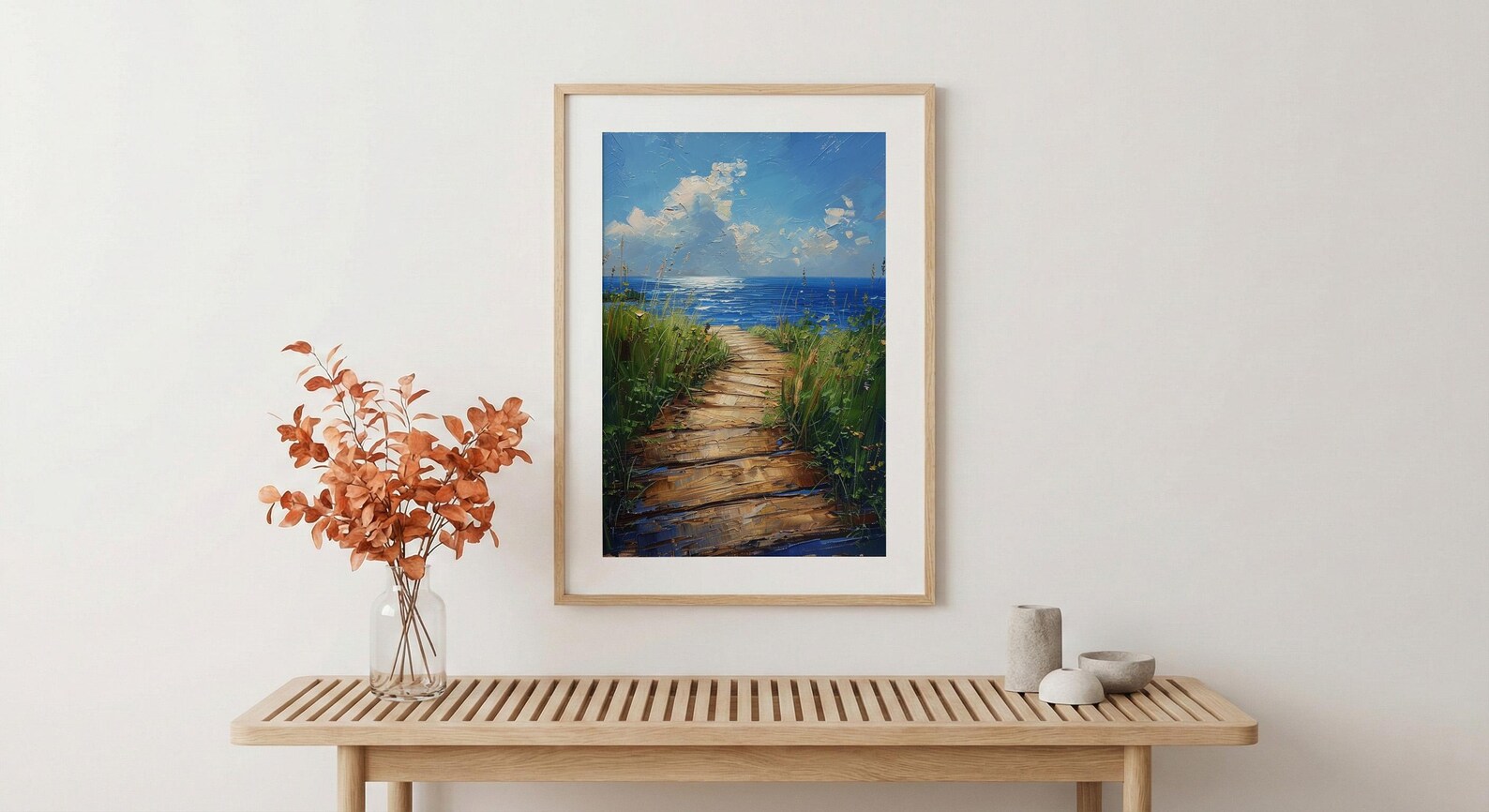 Wooden Boardwalk Lake Art Print, Green Summer Grass Decor - Hidden Blue Water View — view 5