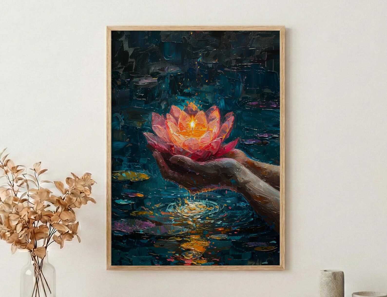 Lotus Flower Art, Spiritual Print, Buddhist Decor, Impasto Oil Painting, Floating Candle, Peace Gift, Wedding Gift — view 2