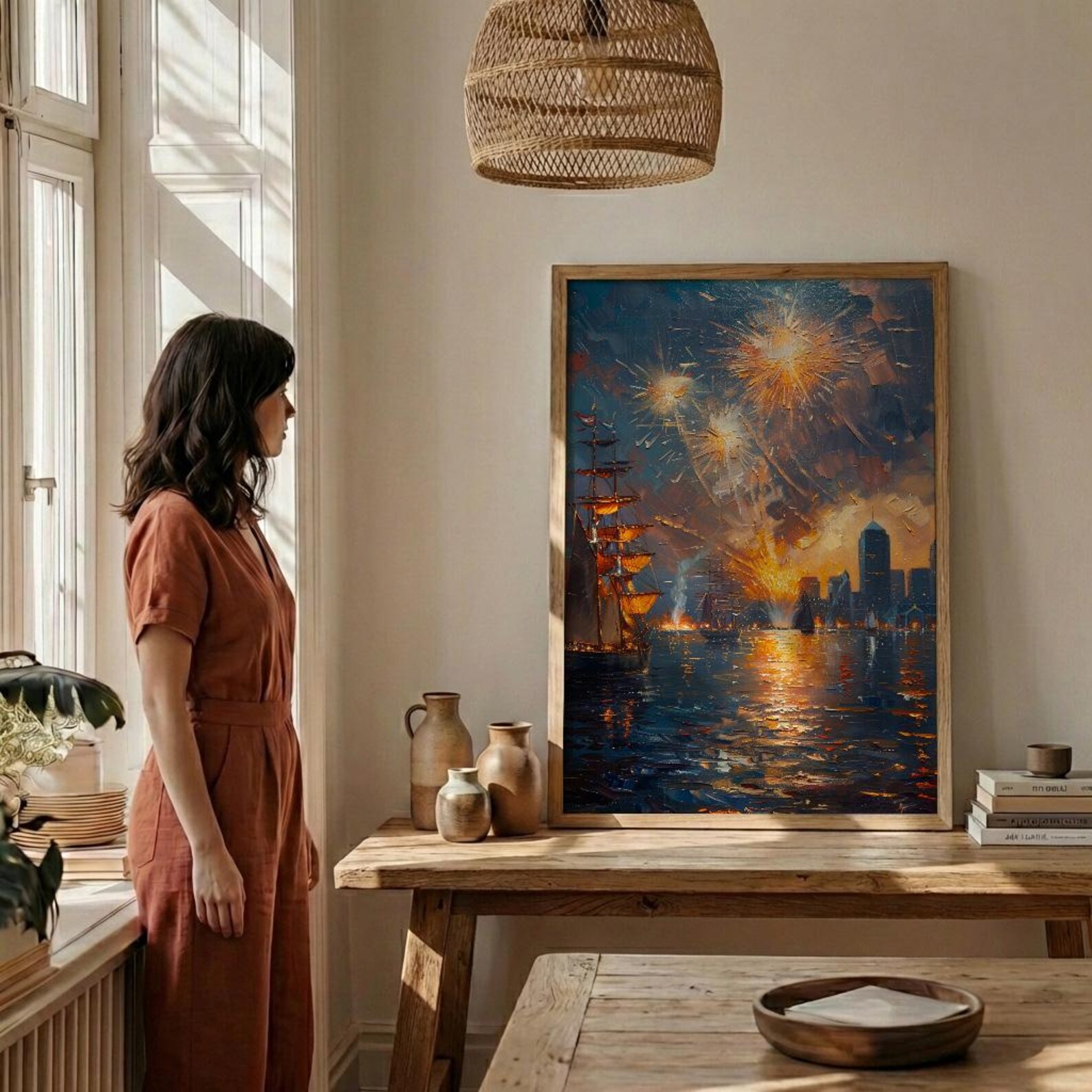 Boston Skyline Fireworks Poster, 4th of July Harbor Wall Decor - Patriotic City Art — view 4