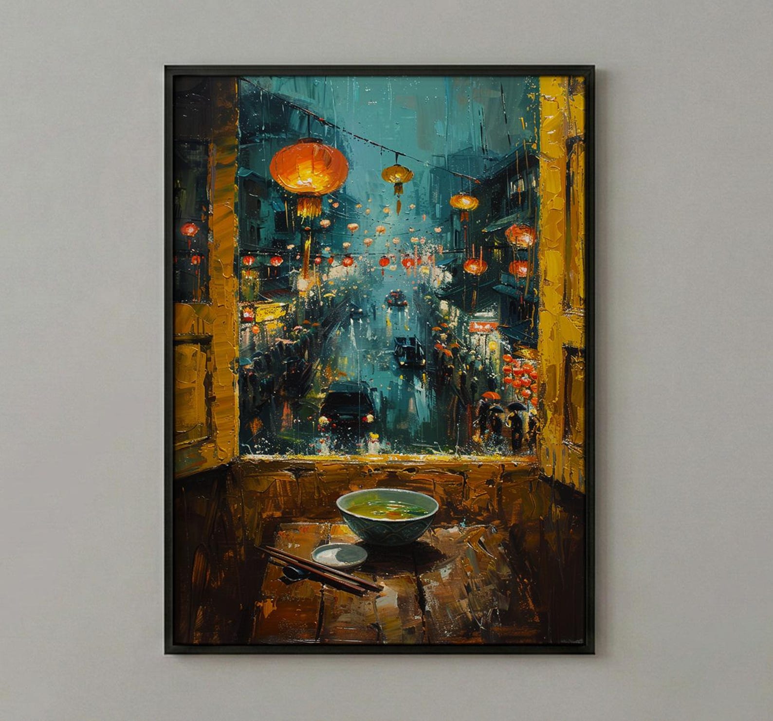 Vietnam Window Wall Art, Hoi An Lantern Decor - Pho Soup Rainy Street — view 3