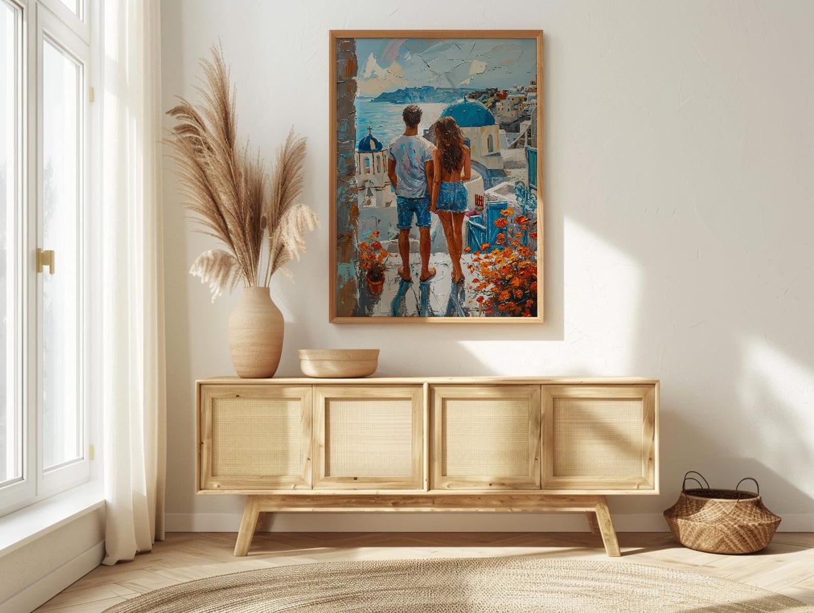 Santorini Poster, Greece Blue Dome Art Print, Honeymoon Wall Art, Romantic Sunset Painting, Mediterranean Decor — view 3