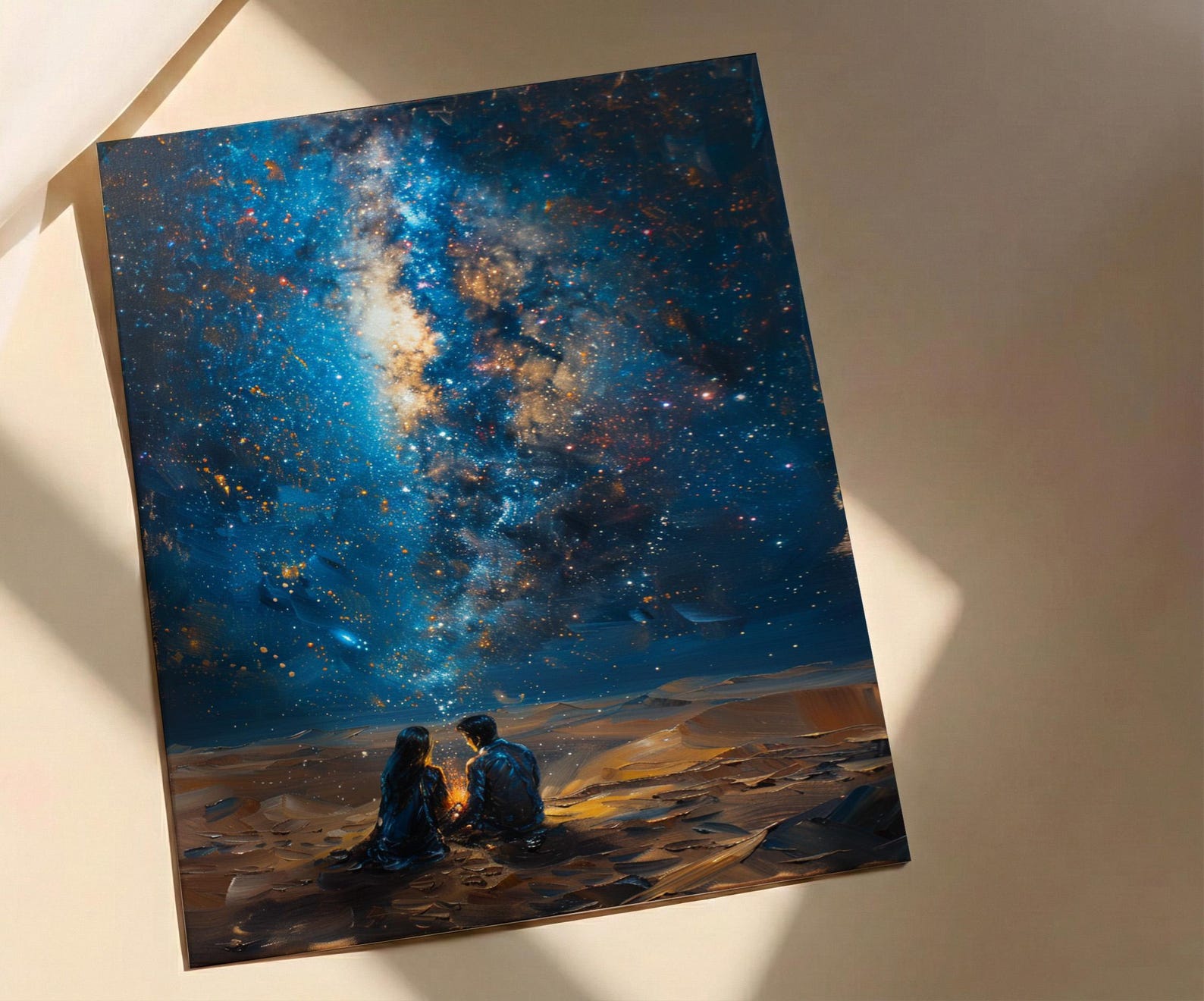 Sahara Desert Art Print, Night Sky Poster, African Milky Way Wall Art, Romantic Campfire Decor, Blue Gold Painting — view 2