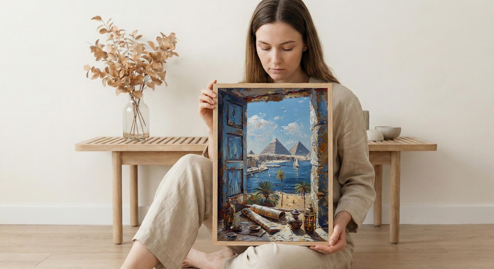 Egypt Window Wall Art, Great Pyramid Decor - Sphinx Desert Landscape — view 6