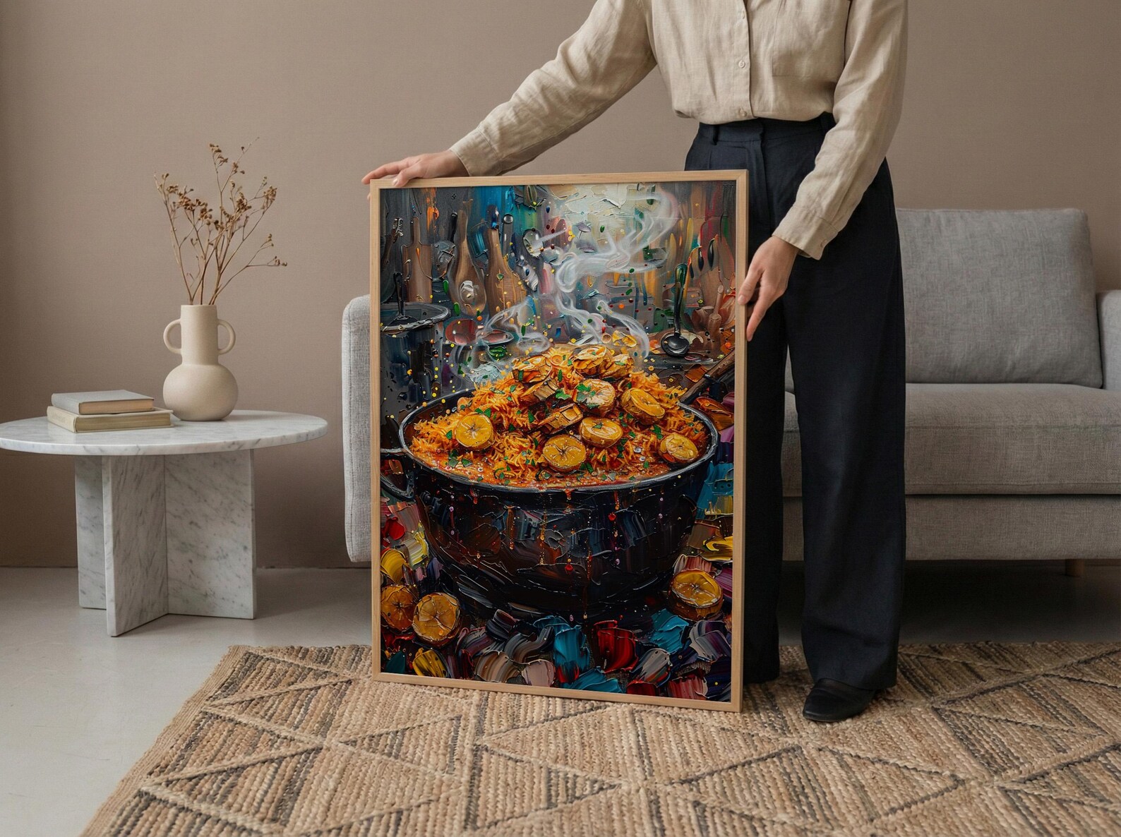 Jollof Rice and Plantain Oil Painting, African Food Art Print, Nigerian Kitchen Decor, West Africa Cuisine, Impasto Cooking Pot — view 6