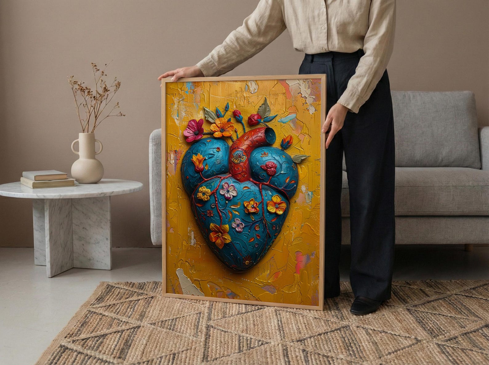 Mexican Heart Art, Corazon Milagro, Folk Art Print, Impasto Oil Painting, Frida Style Decor, Colorful Wall Art, Sacred Heart — view 6