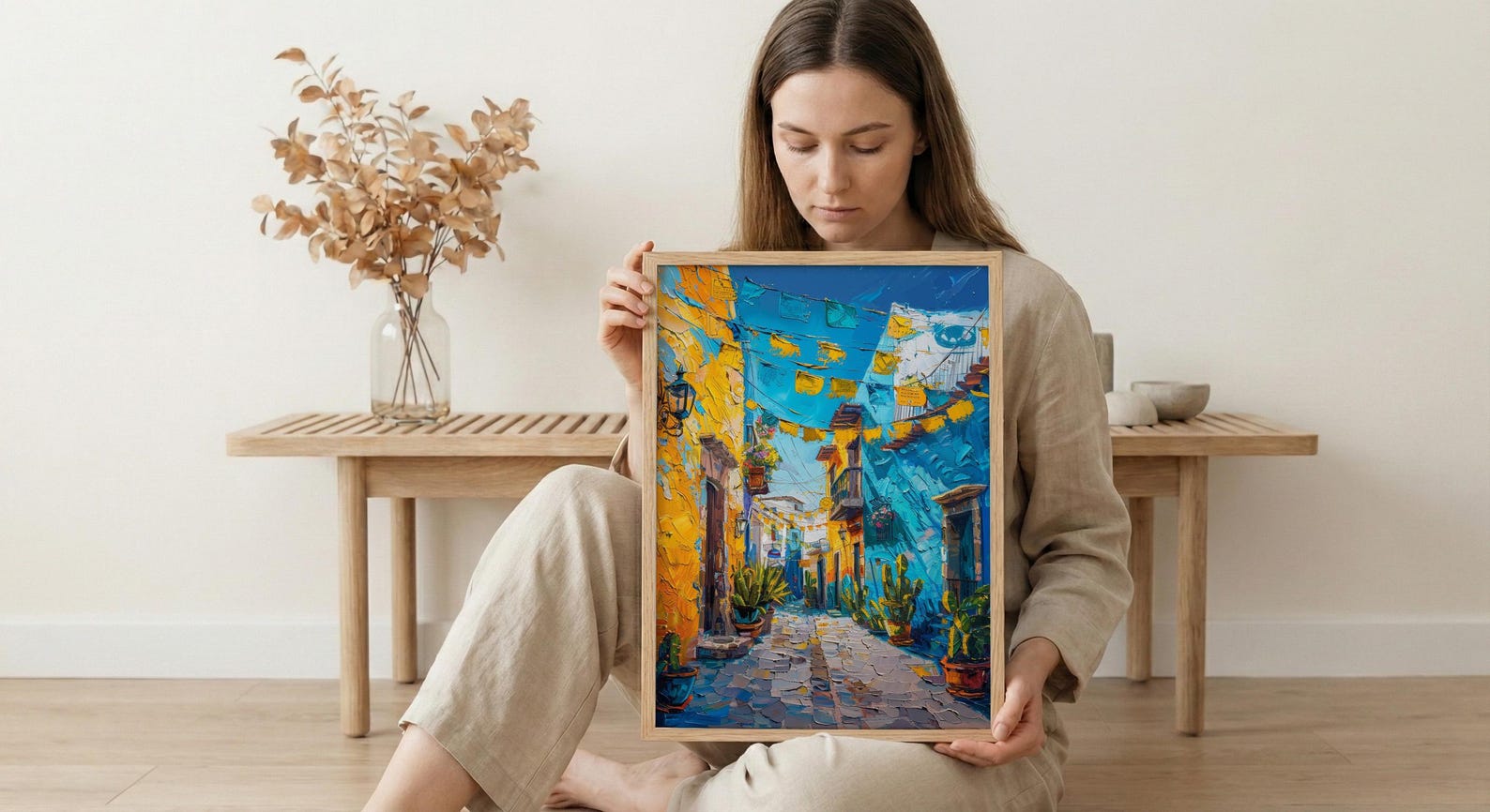 Mexican Street Oil Painting Poster, Colorful Alley Art Print, Vibrant Mexico Wall Art, Cacti & Yellow Wall Decor, Impasto Style Travel Art — view 6