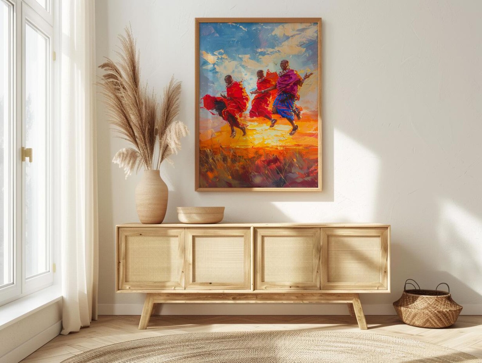 Maasai Warriors Oil Painting Poster, African Dance Art Print, Tribal Jumping Men, Red Shuka Wall Art, Impasto Style Cultural Decor — view 2