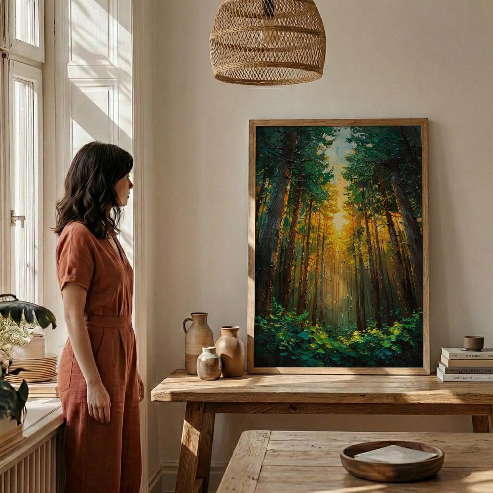 Giant Sequoia Tree Poster, Lush Green Forest Nature Decor - Golden Summer Sun Ray — view 4