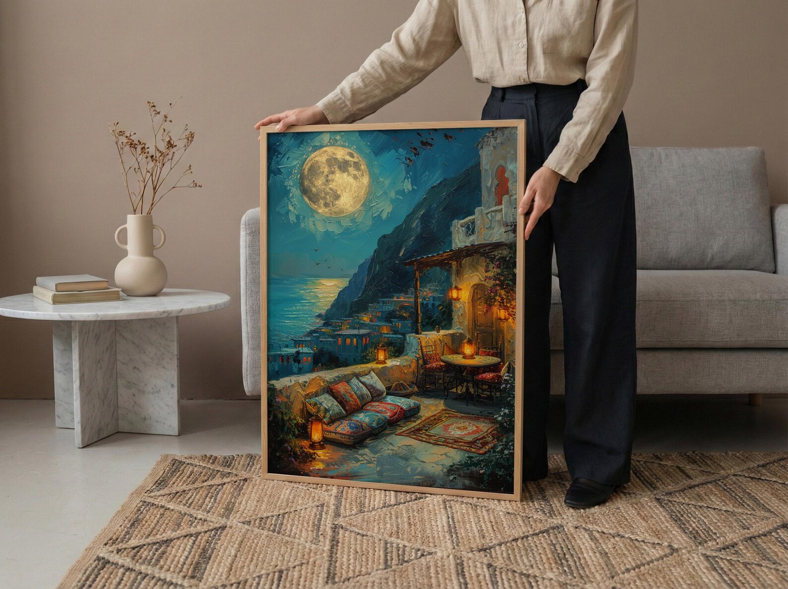 Rooftop Terrace Art, Moroccan Lanterns, Night City View, Impasto Oil Painting, Romantic Evening, Boho Decor, Travel Lover Gift — view 5