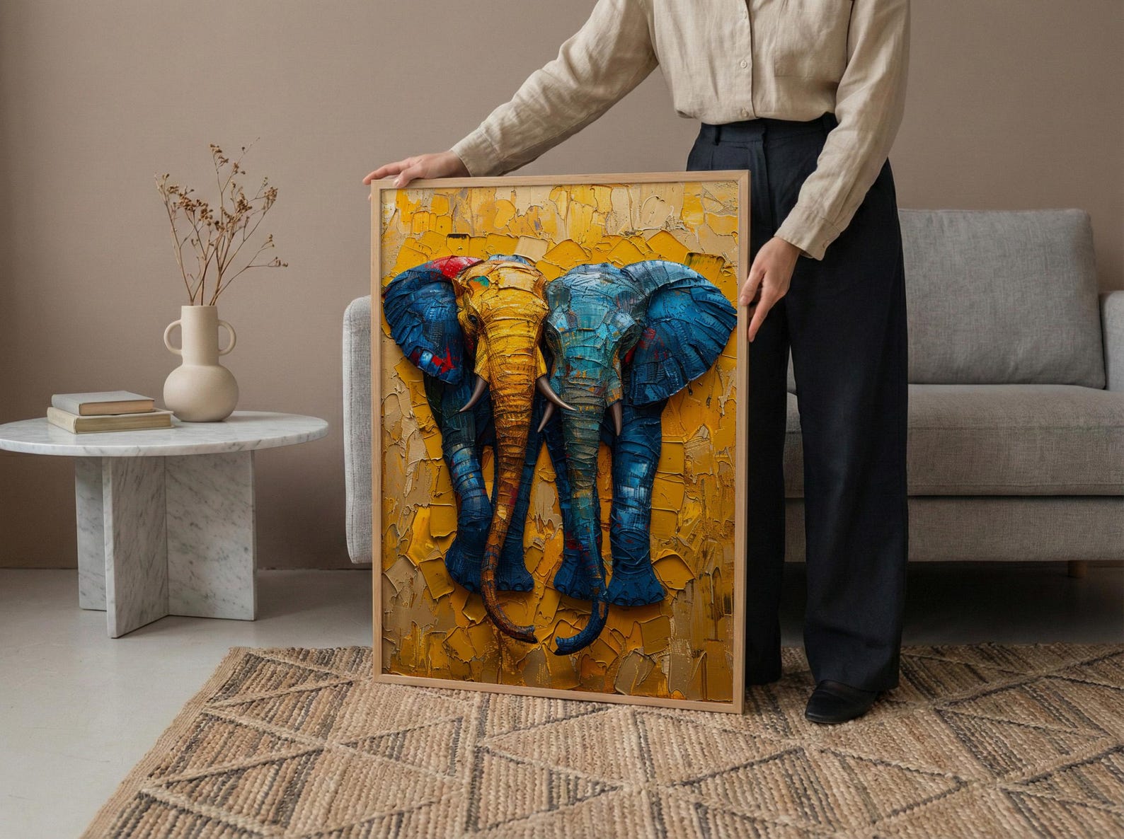 Elephant Couple Art, African Decor, Safari Nursery Print, Impasto Oil Painting, Animal Love, Kente Pattern, Good Luck Gift — view 5