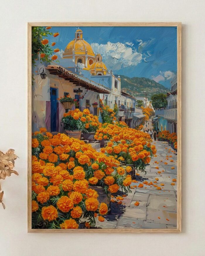 Oaxaca Flower Market Art Print, Orange Marigold Decor - Mexico Street