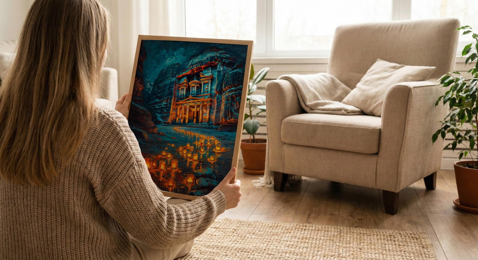 Petra Jordan Wall Art, Treasury Print, Ancient Ruins, Impasto Oil Painting, Night Candle Decor, History Lover Gift, Travel Lover Gift — view 6