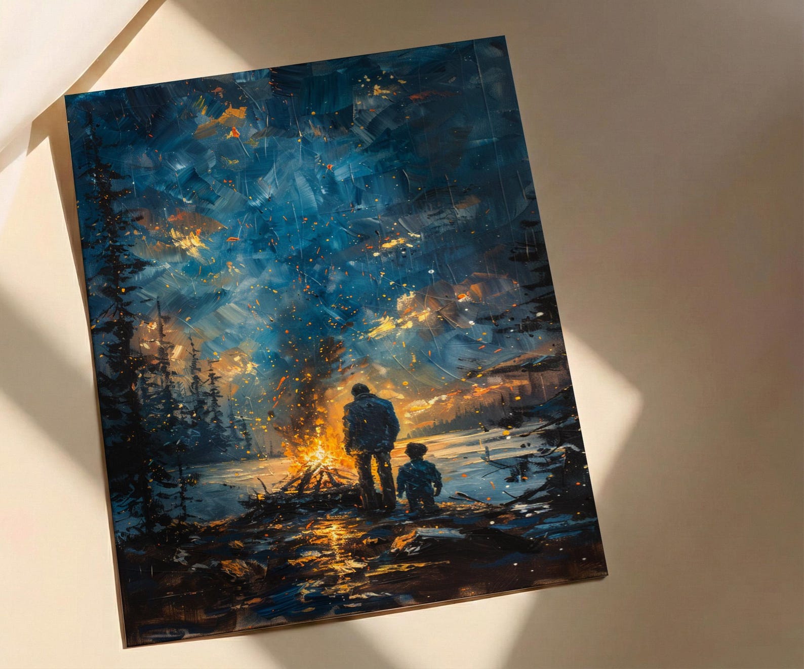 Father And Son Campfire Poster, Twilight Forest Decor - Outdoor Adventure Art — view 3