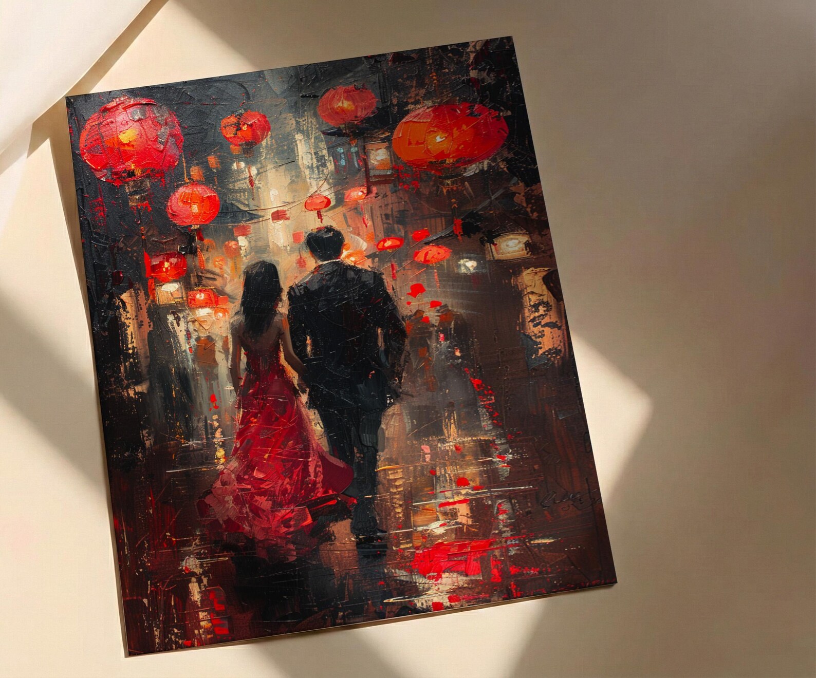 Chinese Lanterns Wall Decor, Red Silk Dress Art - Thick Oil Painting Style — view 2