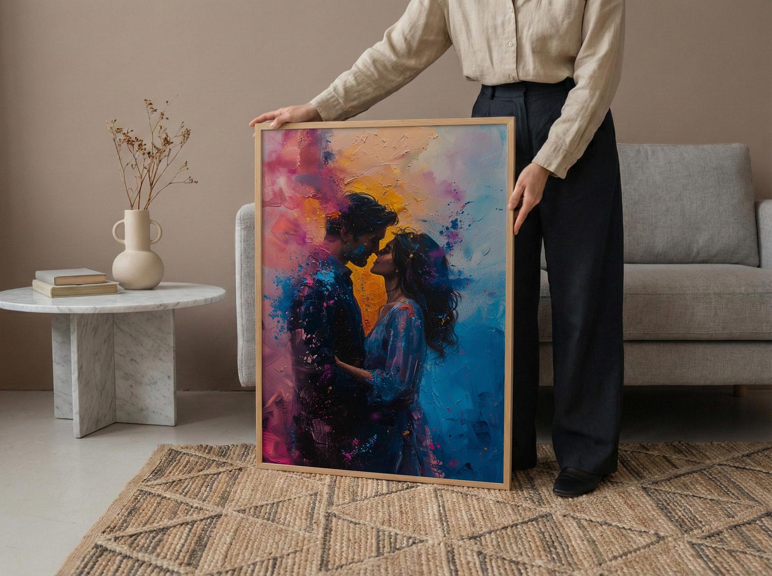 Holi Festival Art, Colorful Couple Print, India Culture, Impasto Oil Painting, Vibrant Decor, Joyful Gift, Anniversary Gift — view 6