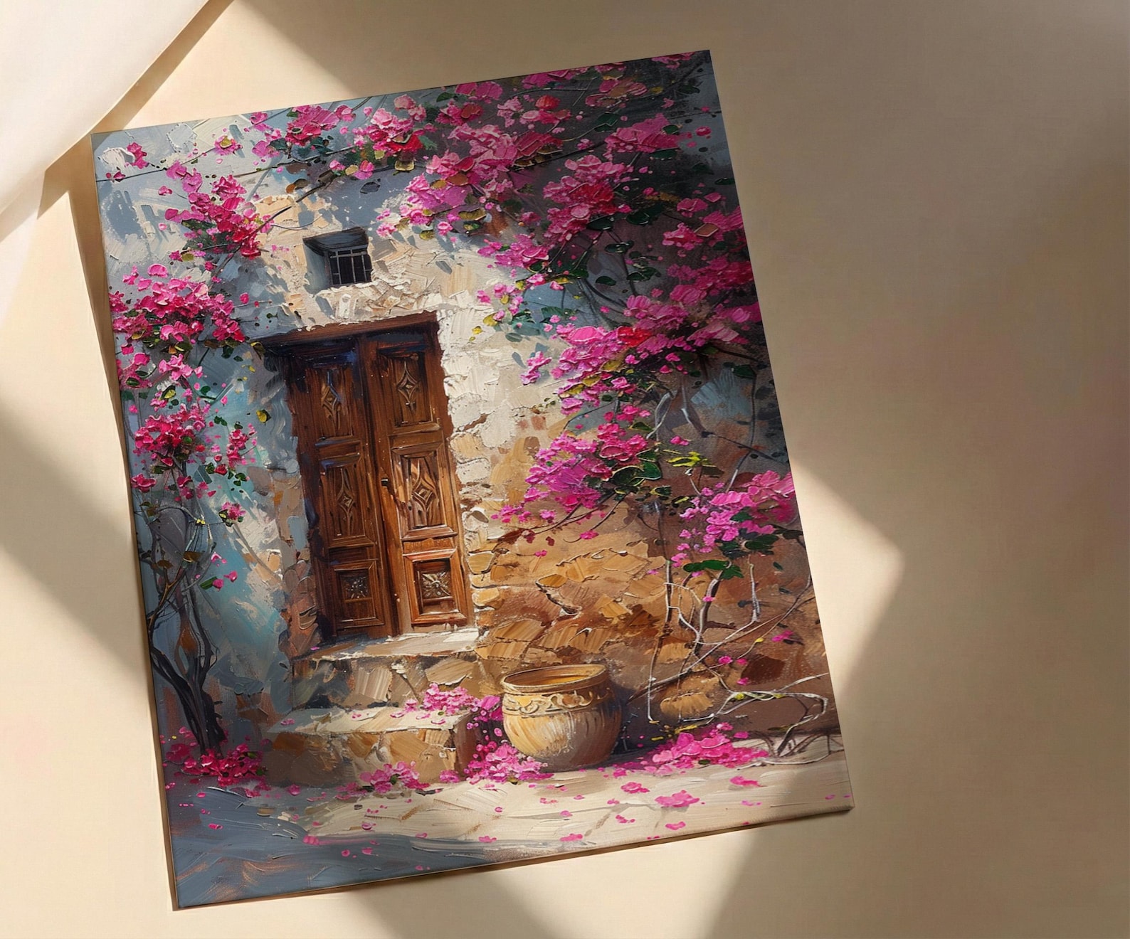 Old Door Art, Bougainvillea Print, Secret Garden, Impasto Oil Painting, Rustic Wall Decor, Pink Flowers, Anniversary Gift — view 2