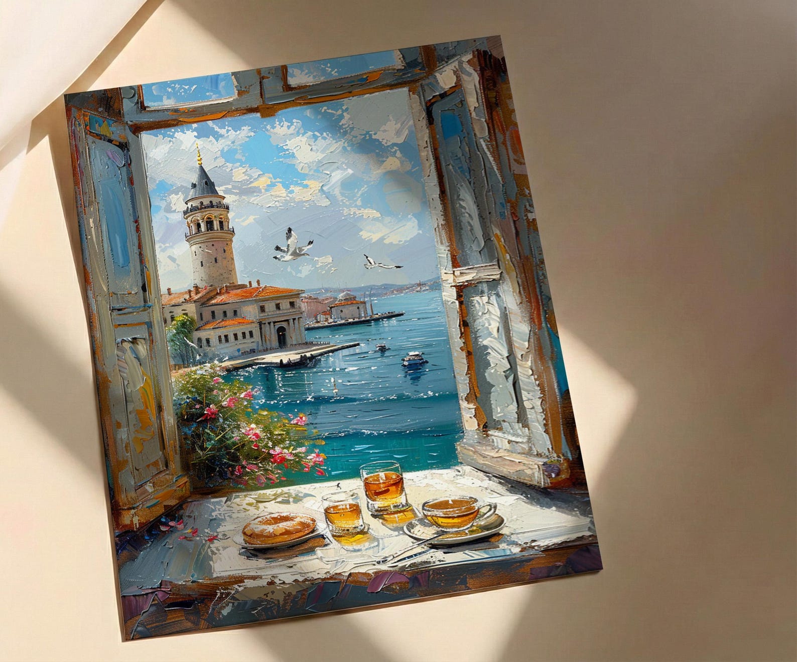 Istanbul Art Print, Maidens Tower Poster, Bosphorus Window Wall Art, Turkish Tea Simit Decor, Seaside Painting — view 2