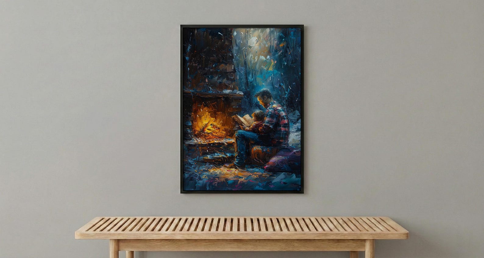 Father Reading Book Wall Art, Cozy Fireplace Decor - Family Storytime Print — view 6